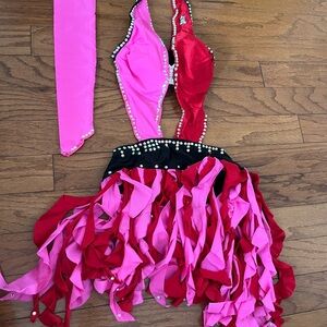 Pink and Red Dance Costume with Ruffled Skirt